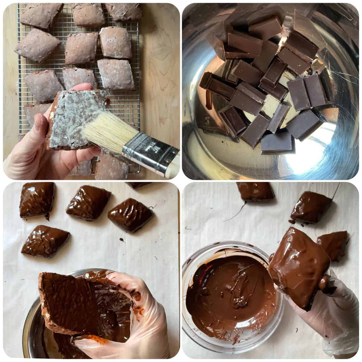 A photo collage of mostaccioli cookies being glazed.