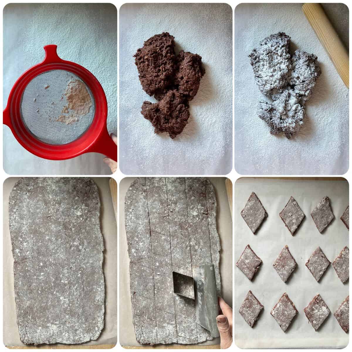 A photo collage of Italian spice cookies being rolled out and shaped into a rhombus-shaped cutter.