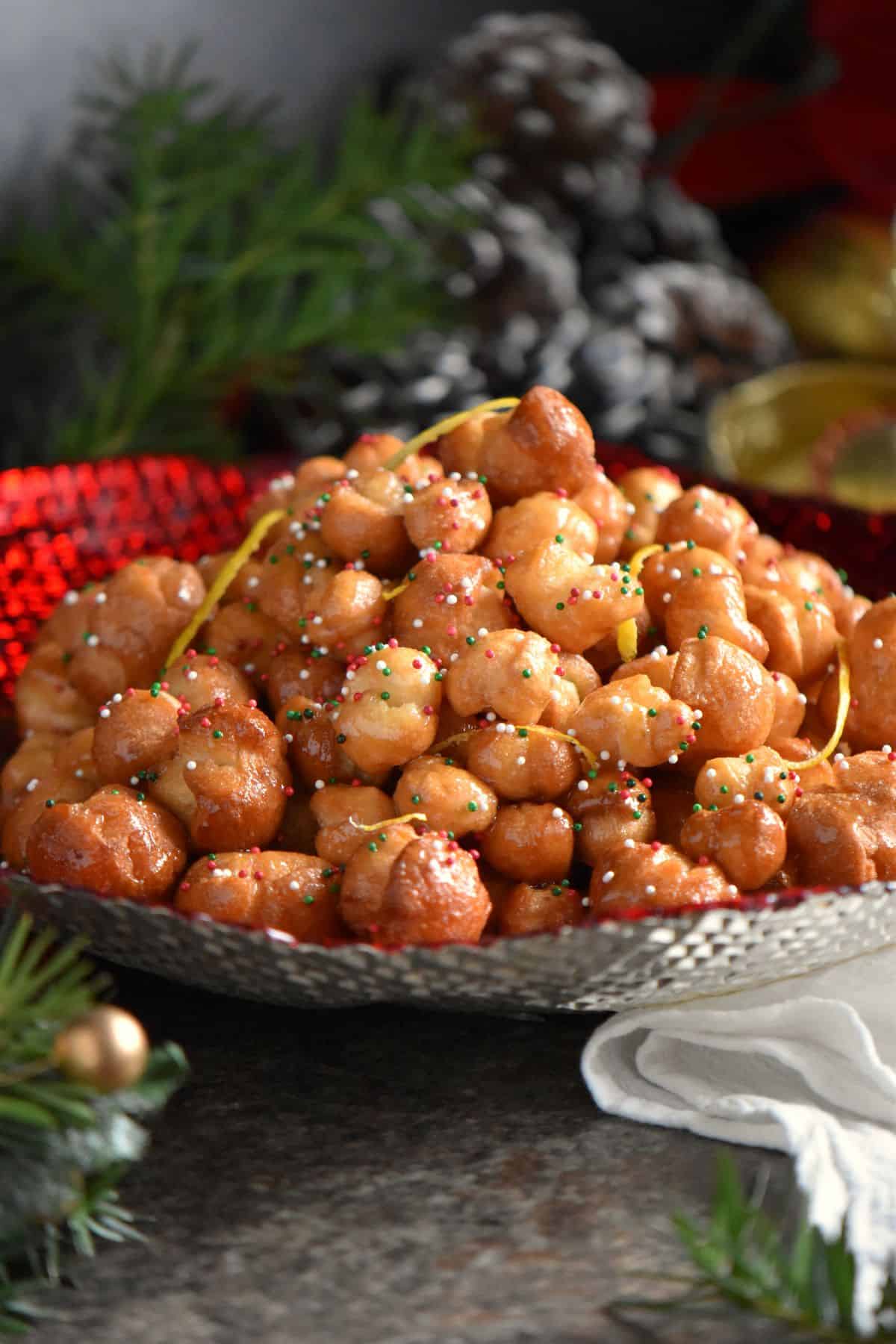 A big bowl of freshly made Italian Honey Balls aka Struffoli.