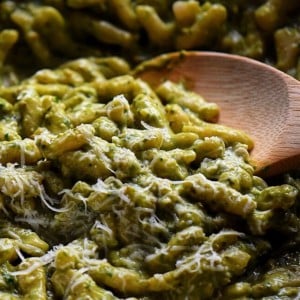 A plate of Avocado Pesto Cavatelli Pasta.