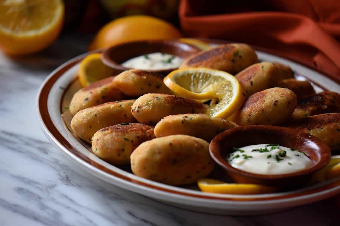 A platter of salmon croquettes with the yogurt sauce.