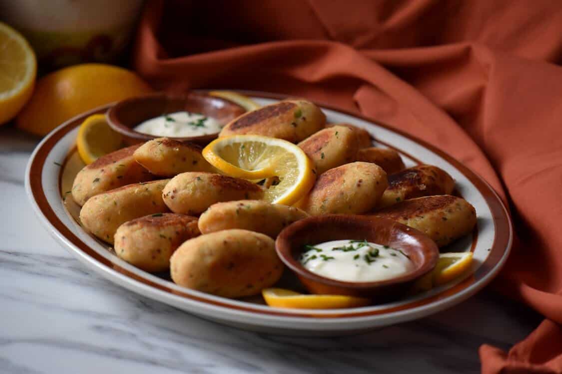 A plate of the Best Salmon Croquettes Recipe with yogurt sauce.