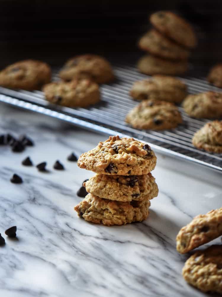 A stack of Thick and Chewy Oatmeal Chocolate Chip Cookies