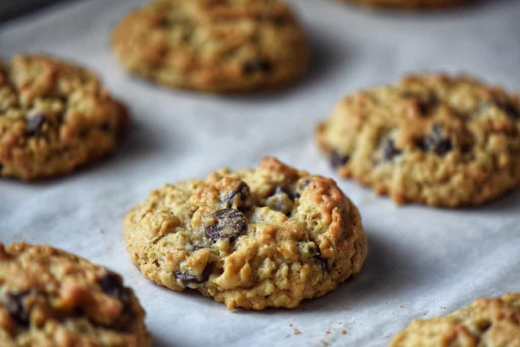 Freshly baked Thick and Chewy Oatmeal Chocolate Chip Cookies.