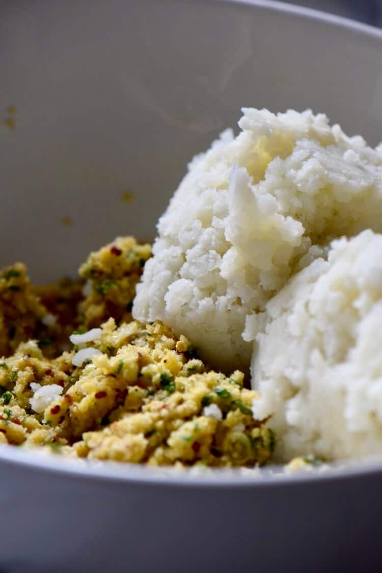 Mashed potatoes about to be incorporated in the mixture.