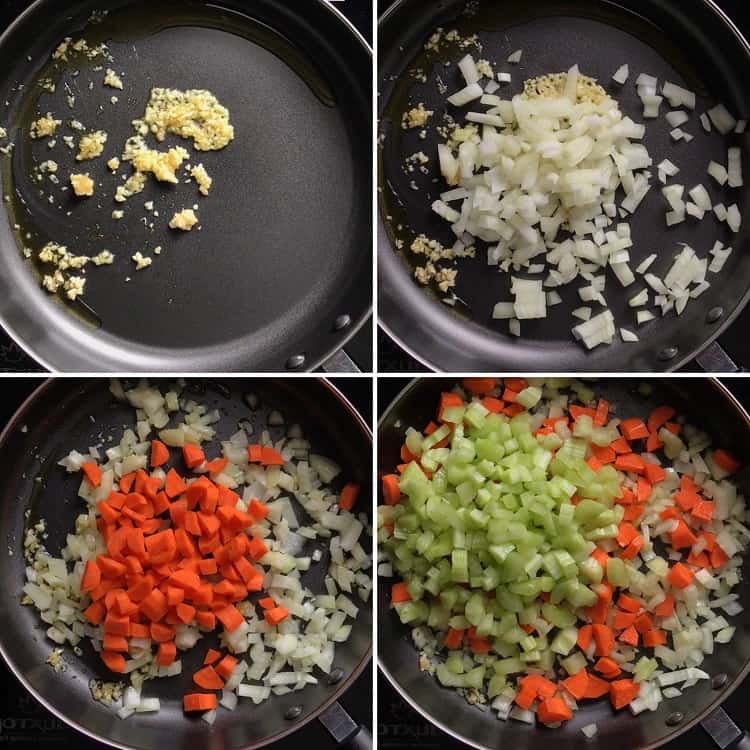 A photo collage of diced vegetables being sauteed in a pan.