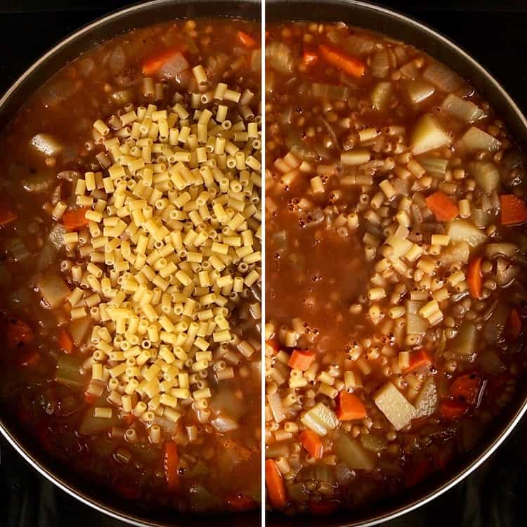 Pasta being added to a simmering pot of lentil soup.