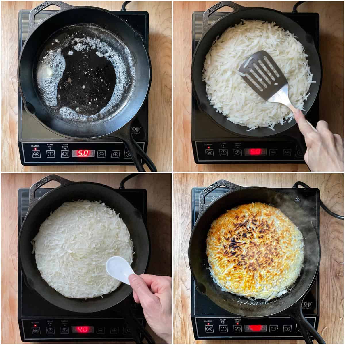 A photo collage of how to make hashbrowns in a cast iron pan.