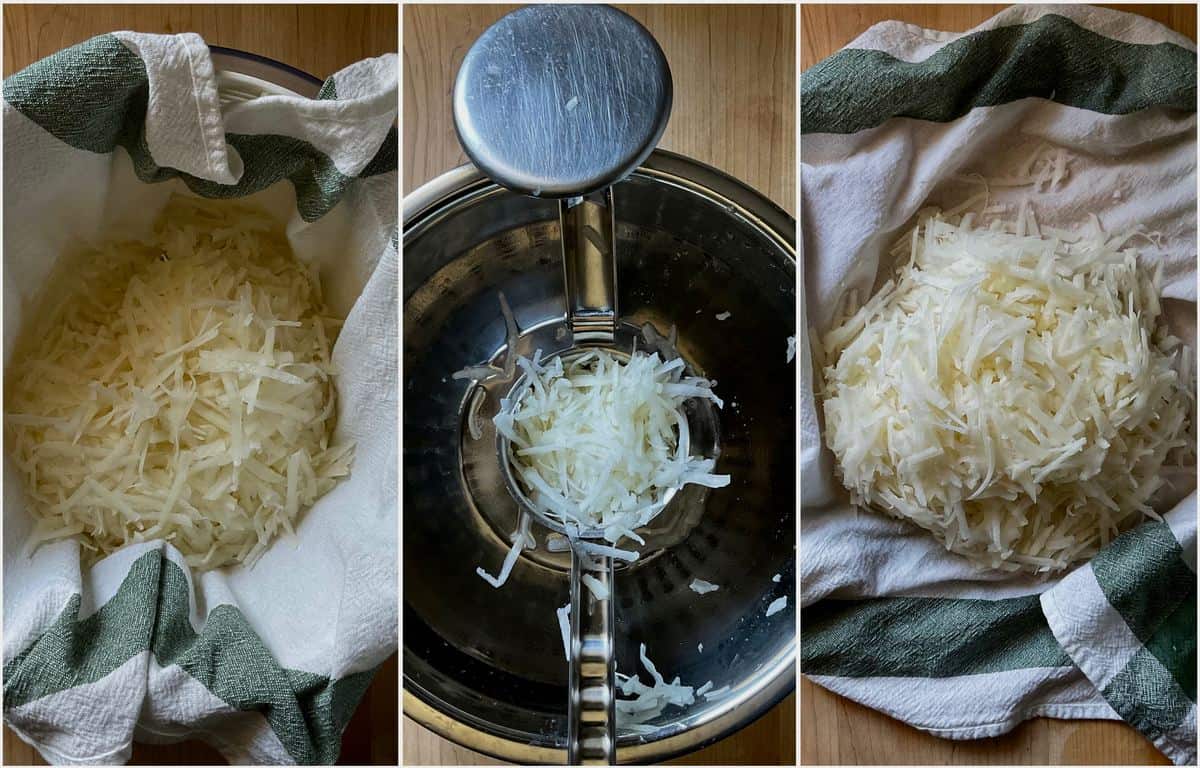 A photo collage of different methods to remove excess water from shredded potatoes.