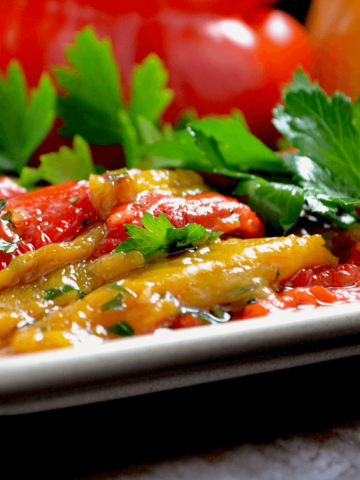 A dish of Marinated Roasted Bell Peppers