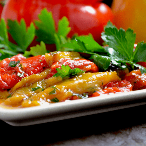 A dish of Marinated Roasted Bell Peppers