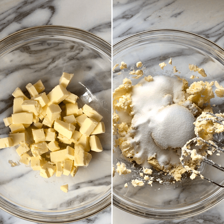 The process of creaming the butter with the sugars.