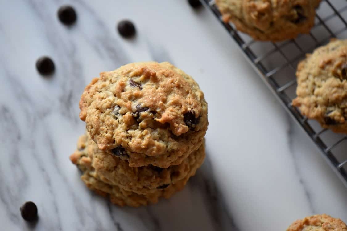 A stack of oatmeal chocolate chip cookies.