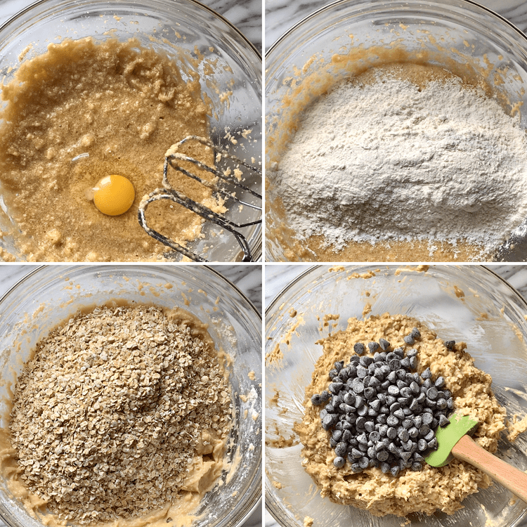 Different process shots showing the addition of the ingredients to make these Thick and Chewy Oatmeal Chocolate Chip Cookies.