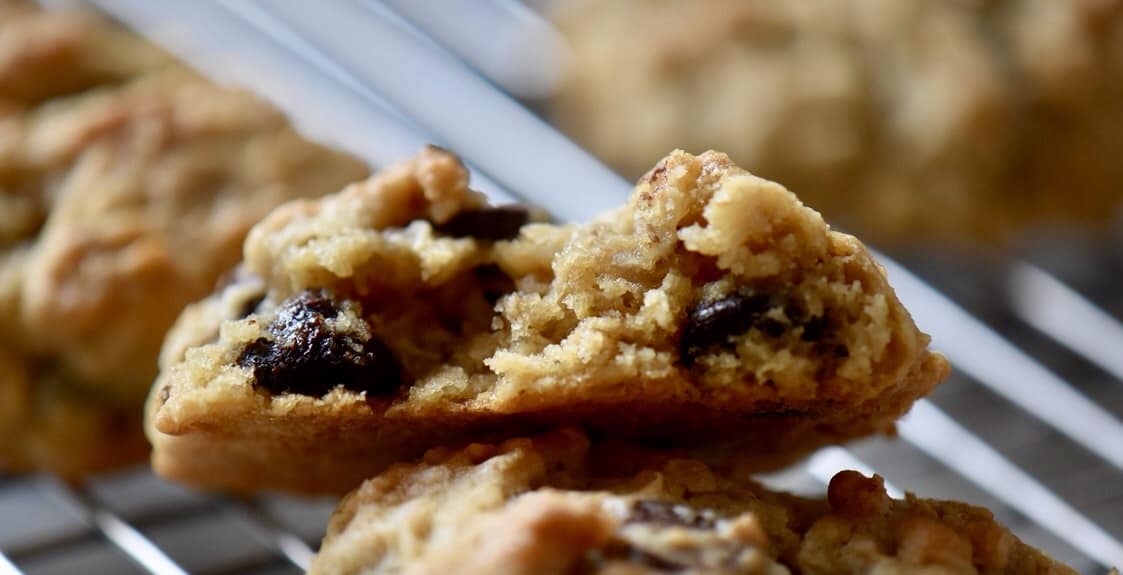 The soft interior of the Thick and Chewy Oatmeal Chocolate Chip Cookie.