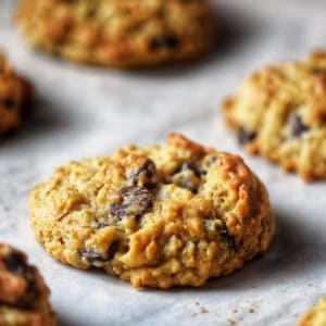 Freshly baked Thick and Chewy Oatmeal Chocolate Chip Cookies.