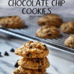 A Pinterest pin of a stack of oatmeal chocolate chip cookies.