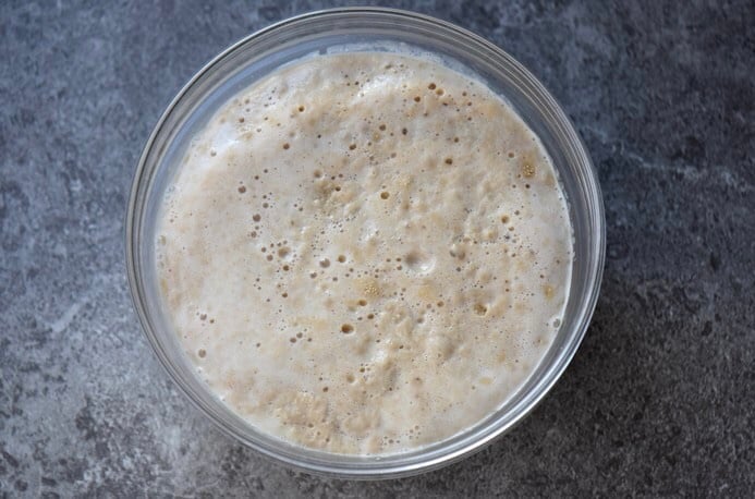 A top view of yeast is being proofed in a dish to make the Italian Easter Bread.