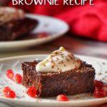 A Pinterest pin of a piece of brownie on a white plate.