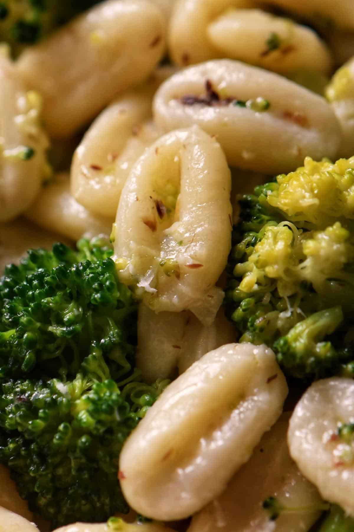 Broccoli and cavatelli combined in a large skillet.