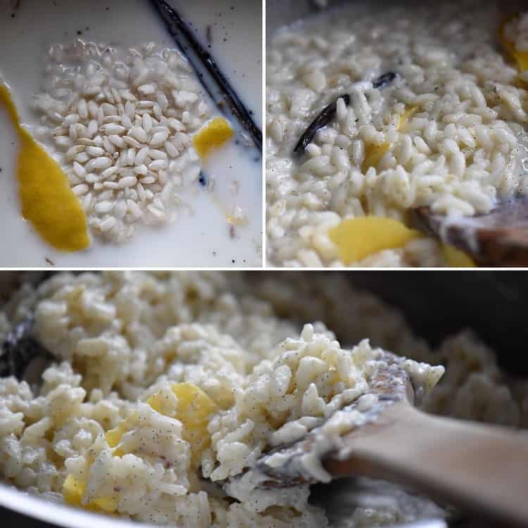 A step by step tutorial demonstrating the evaporation of milk as the arborio rice simmers.