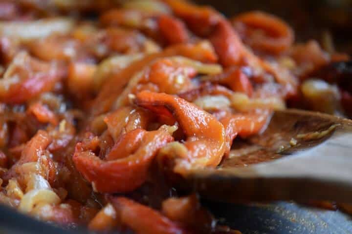 Italian roasted red pepper sauce in a saucepan.