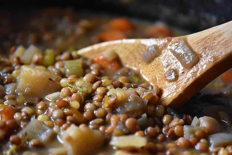 The lentil stew is cooked and ready to be served.