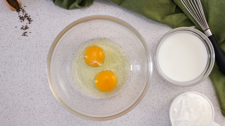 The wet ingredients for this batter consist of eggs, buttermilk, and sour cream