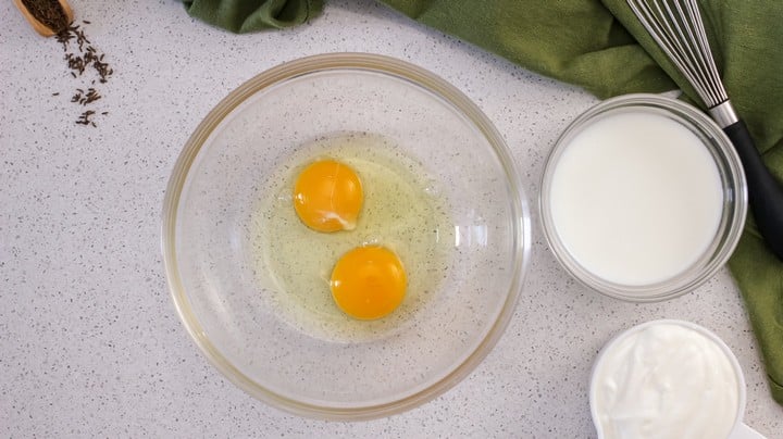 The wet ingredients for this batter consist of eggs, buttermilk, and sour cream