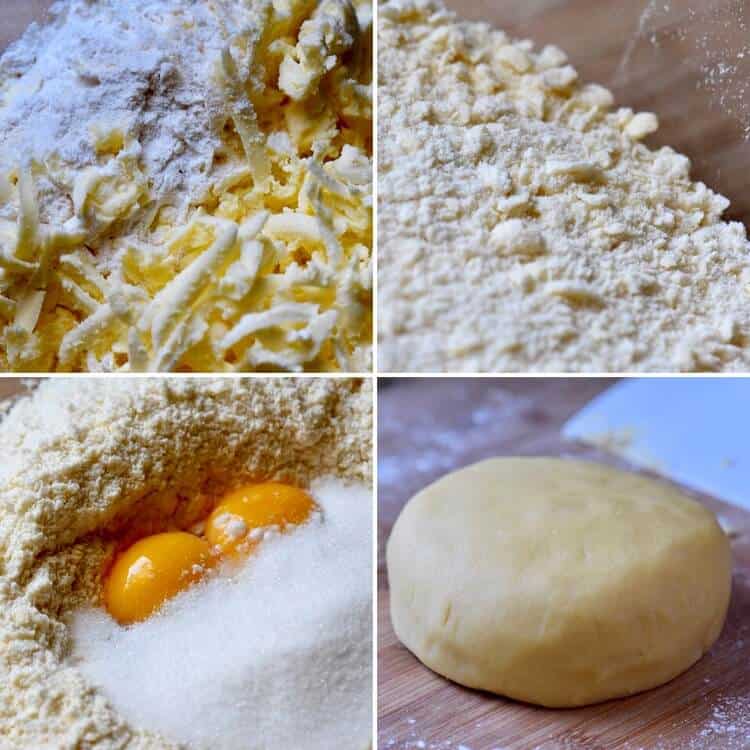 A collage of 4 pictures to make the pastry dough for the chocolate tart.