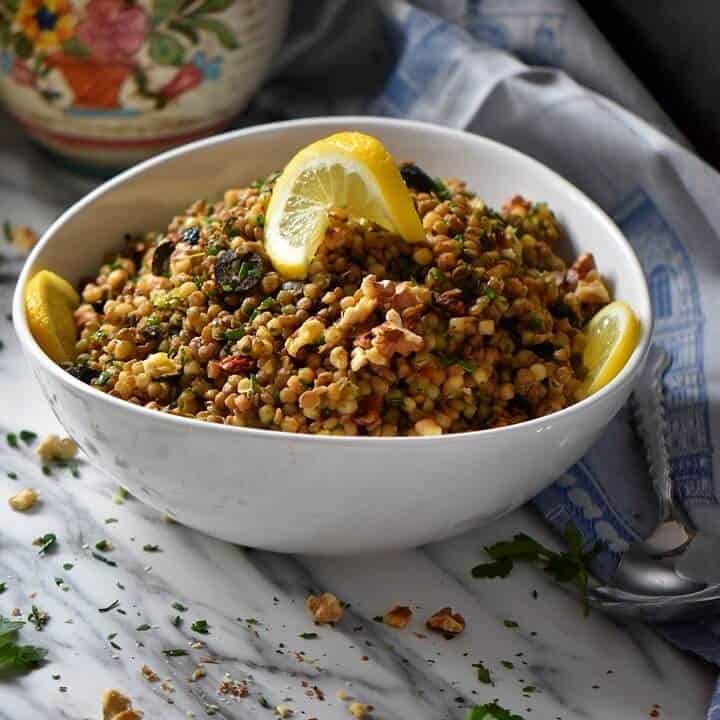 A close up of the fregola salad in a large white oval bowl.