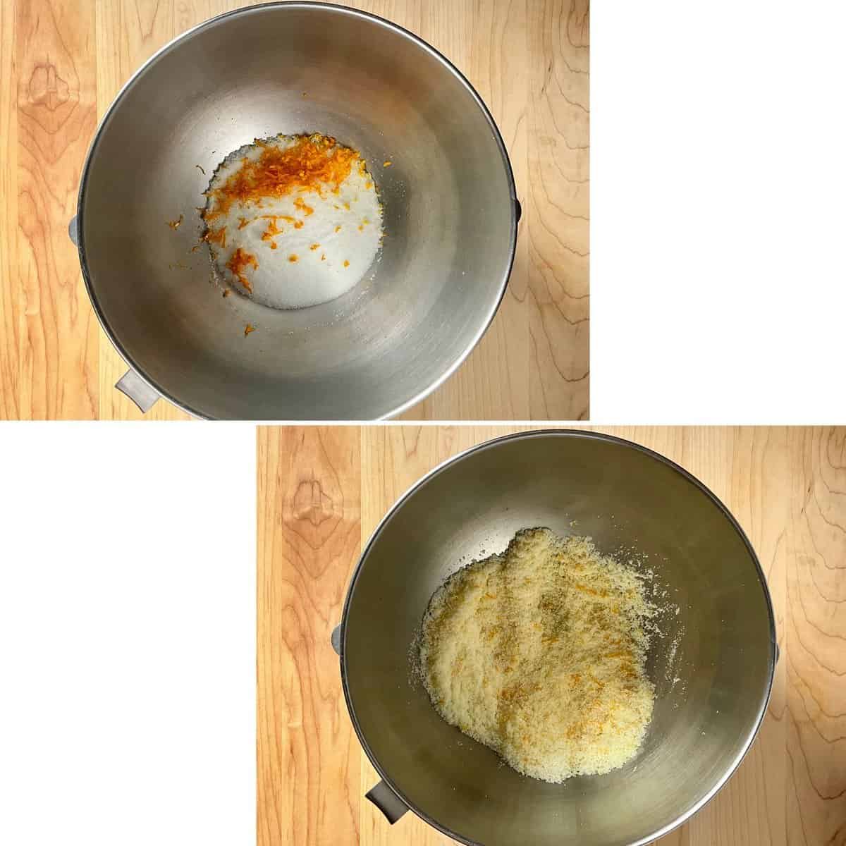 A photo collage of two pictures showing the texture of orange sugar. 