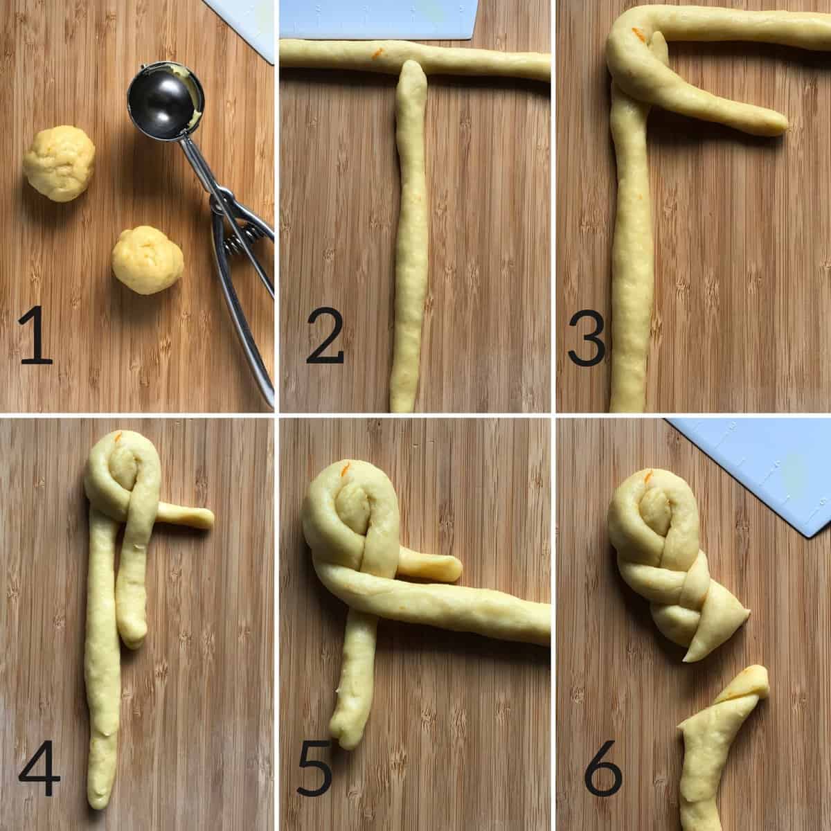 Step by step tutorial demonstrating how to make a braided koulourakia