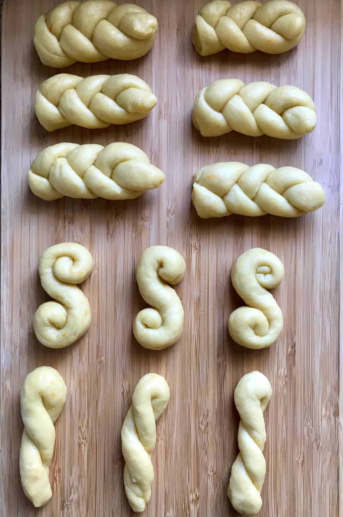 The many different shapes of koulourakia... braided, hairpin and scrolled.
