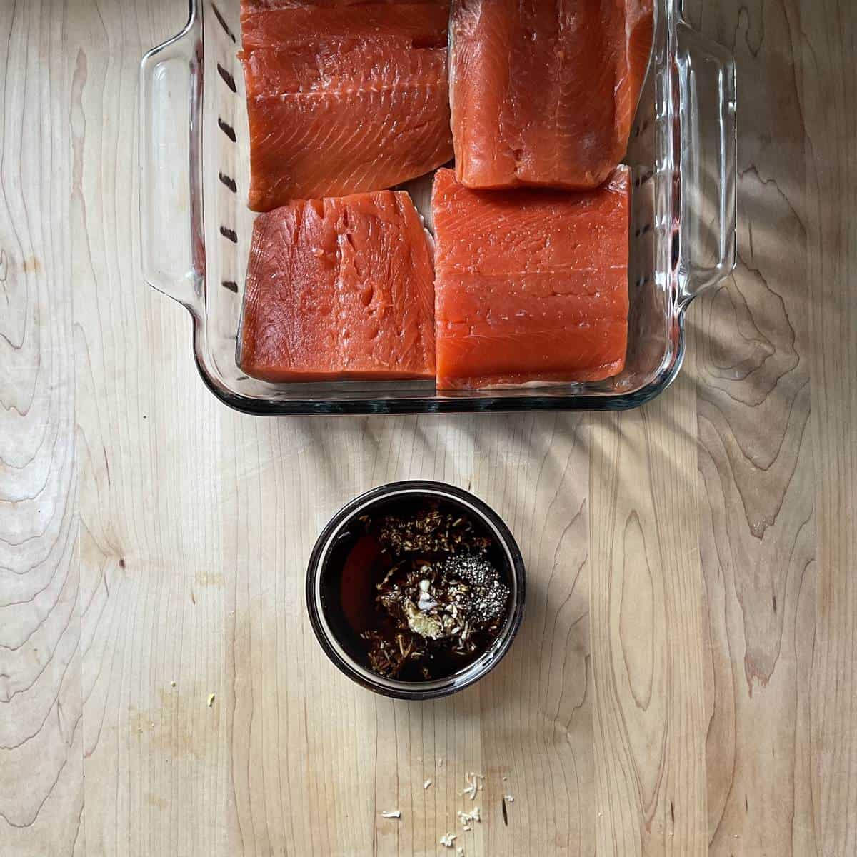 The marinade for the salmon in a small bowl. 