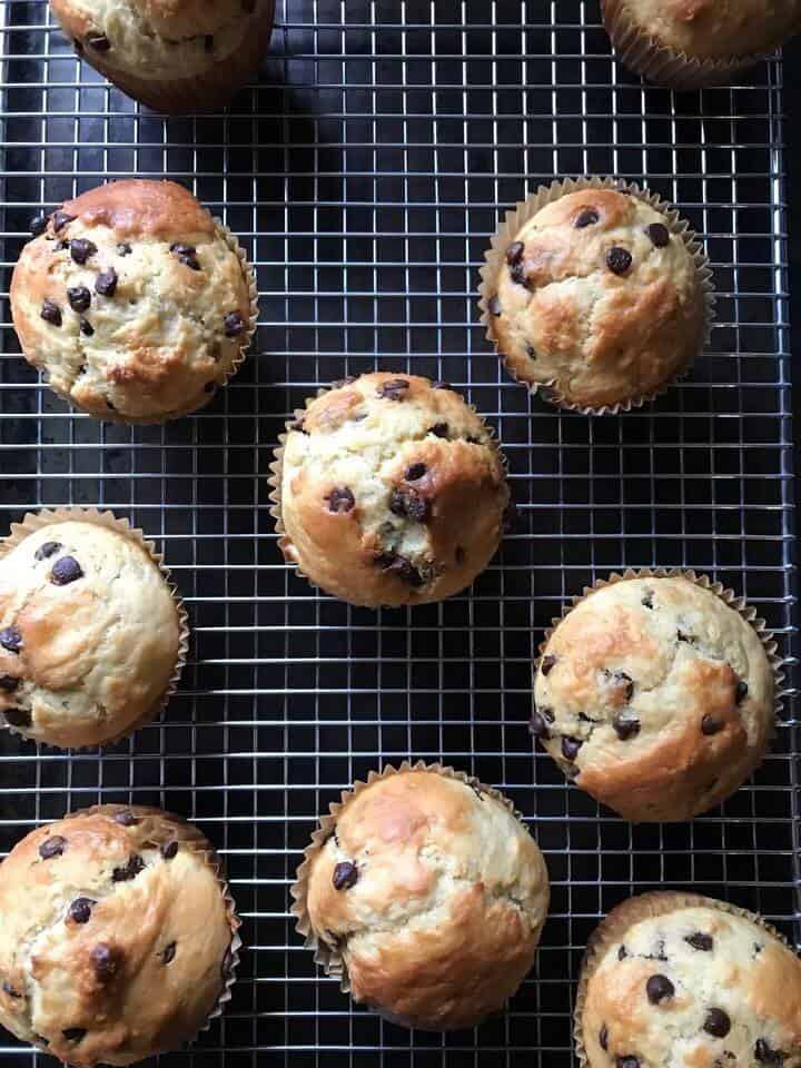 Chocolate chip muffins on a cooling rack.