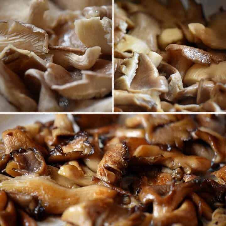 Three pictures showing the transformation of oyster mushrooms from raw to caramelized. 