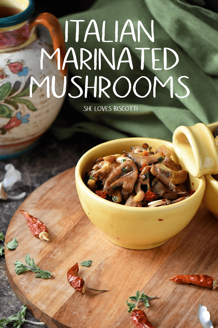 These easy to make Marinated Mushrooms are perfect for your appetizer board. Also great for your cheese board. #shelovesbiscotti #appetizers #mushrooms #marinatedmushrooms #Italianappetizer #Italian #vegetables #antipasti #antipasto