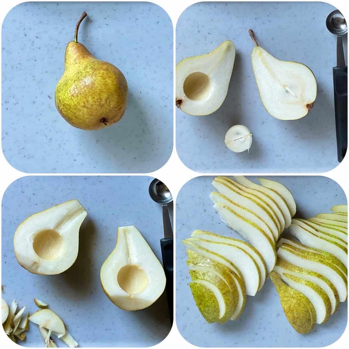 A photo collage on how to slice pears.