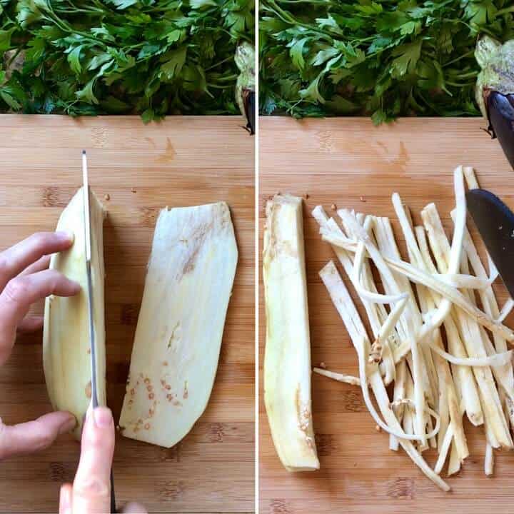 A collage of pictures demonstrating how to thinly slice the eggplant.