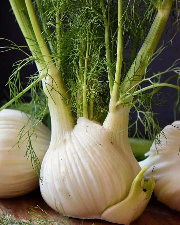 Fresh fennel, including the stalks and the fennel fronds stading upright on a wooden board.