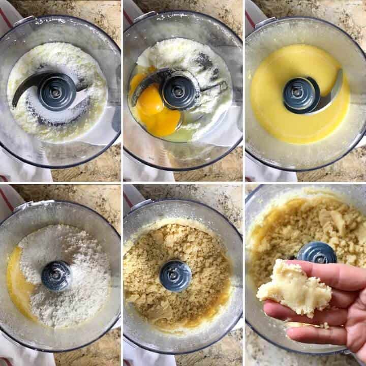 Process shots of making the dough for the crostata involves pulsing the ingredients one by one together in a food processor.