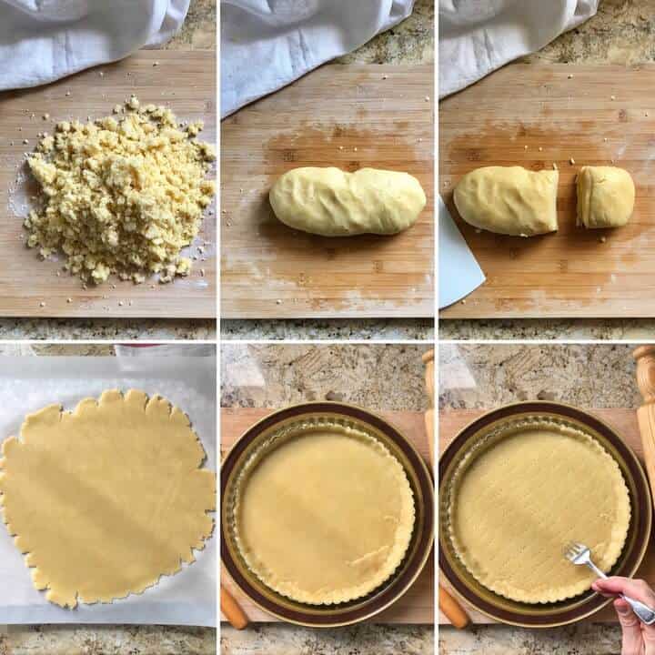 A step by step photo collage of assembling and rolling out the dough to make the perfect crostata tart.
