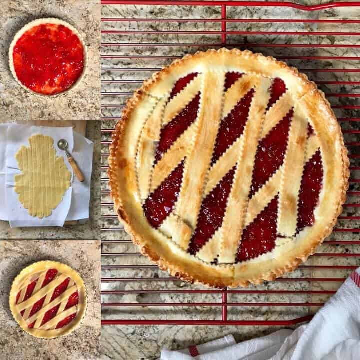 A photo collage of making the lattice top for the jam crostata.