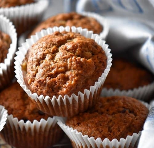 A stack of moist banana muffins.