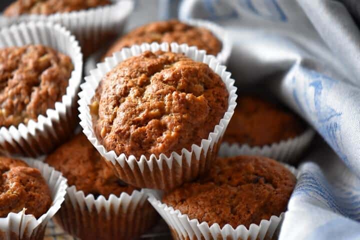 A stack of moist banana muffins.