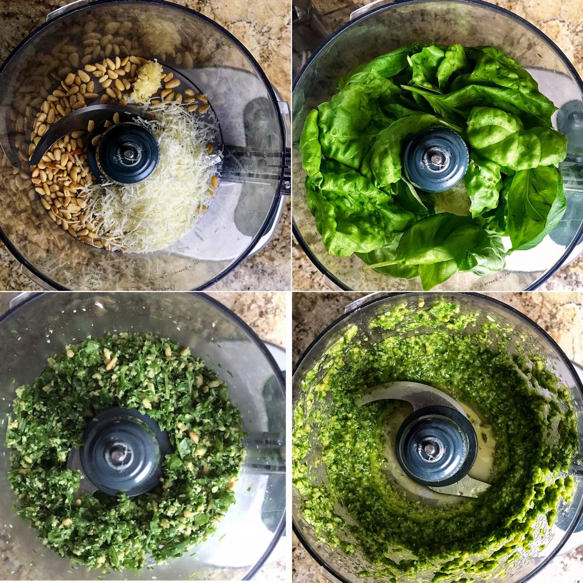 Some of the steps to making pesto are shown. 1-gently pulse toasted pine nuts, Romano cheese and minced garlic together. 2-add the fresh basil leaves and pulse 3-