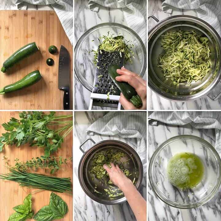 A step by step process of prepping the zucchini involves steps like using the large holes of a box grater to grate the zucchini and squeezing as much moisture as possible which will prevent the zucchini fritters from becoming soggy.