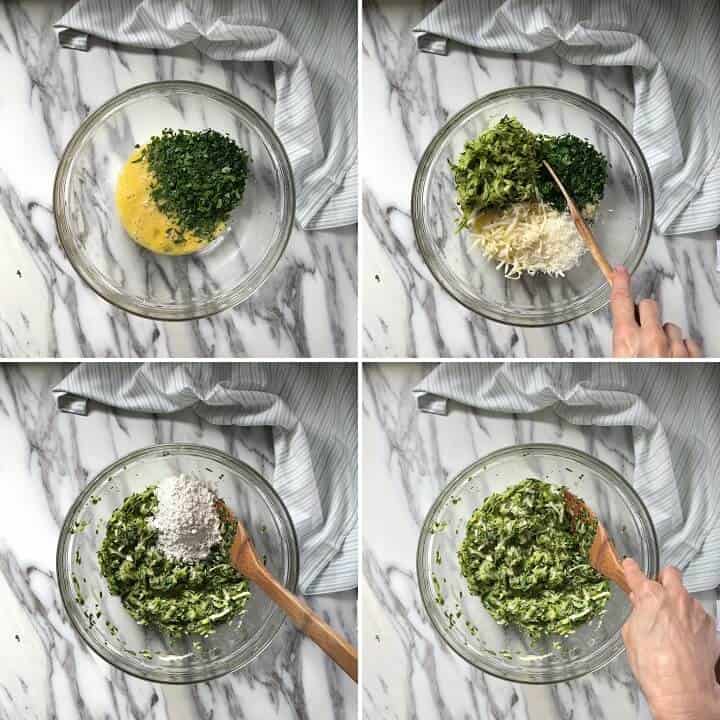 A step by step procedure of the ingredients used to make the zucchini fritters, like eggs, cheese, herbs, and flour.