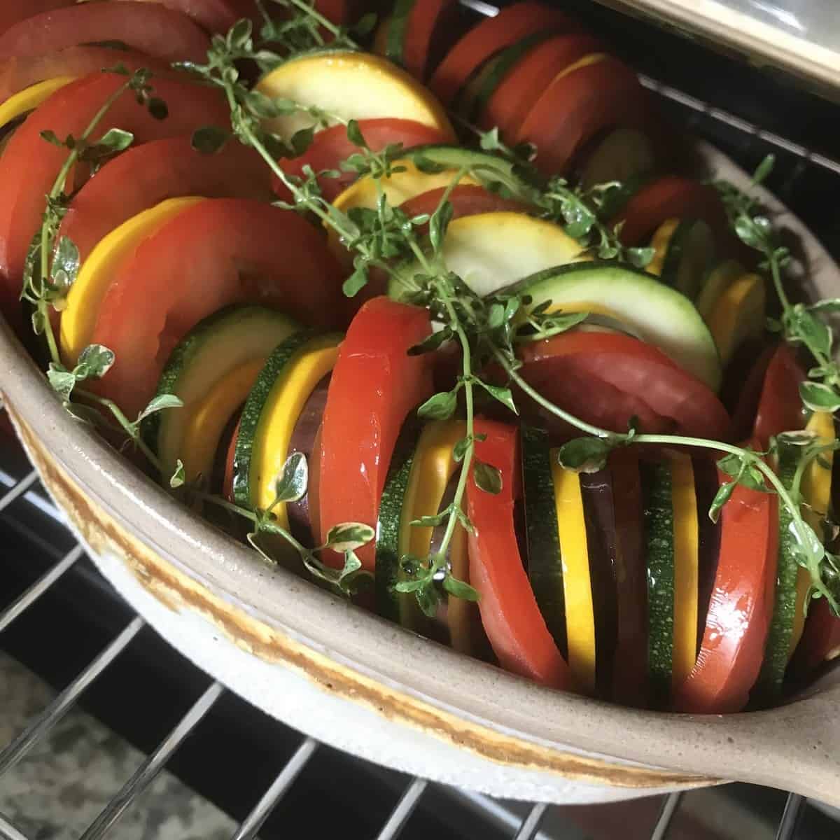 Mediterranean Roasted Vegetables in an oven.